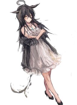 1girl ahoge animal_ears black_hair black_jacket blush closed_mouth commentary_request dress full_body hair_between_eyes high_heels horse_ears horse_girl horse_tail jacket jewelry long_bangs long_hair long_hair_between_eyes looking_at_viewer manhattan_cafe_(umamusume) multicolored_hair necklace open_clothes open_jacket simple_background solo tail umamusume white_background white_dress white_hair yanagi_wakana yellow_eyes