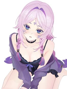 1girl alternate_costume bare_shoulders black_bra blue_eyes blush bra braid breasts citlali_(genshin_impact) cleavage collarbone commentary facial_mark forehead_mark genshin_impact highres jacket long_hair looking_at_viewer medium_breasts parted_lips pink_hair pink_pupils purple_hair purple_jacket rea_0523 sidelocks simple_background sitting solo triangle triangle_facial_mark twin_braids underwear very_long_hair white_background