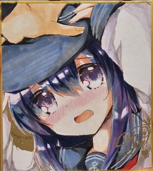 1girl 1other akatsuki_(kancolle) anchor_symbol arms_up black_hat black_sailor_collar blue_hair blush commentary_request flat_cap hair_between_eyes hand_on_another's_headwear hat headpat highres kantai_collection kuriyuzu_kuryuu long_hair long_sleeves nose_blush open_mouth photo_(medium) puffy_long_sleeves puffy_sleeves purple_eyes sailor_collar school_uniform serafuku shikishi shirt signature traditional_media upper_body white_shirt