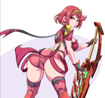1girl armor ass black_gloves blush breasts fingerless_gloves from_behind gloves headpiece heart heart_print holding holding_sword holding_weapon large_breasts leaning_forward looking_at_viewer looking_back midriff momocka-art nintendo pink_thighhighs print_shirt pyra_(xenoblade) red_armor red_eyes red_hair red_shirt red_shorts shirt short_hair short_shorts shorts shoulder_armor sleeveless sleeveless_shirt smile standing sword thick_thighs thighhighs thighs weapon white_background xenoblade_chronicles_(series) xenoblade_chronicles_2