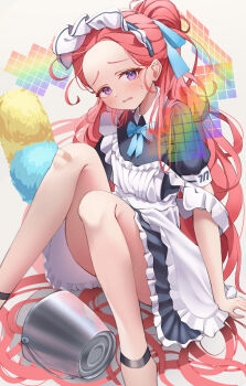 1girl absurdres apron azuma_(sospower73) black_dress blue_archive blush commentary dress forehead highres long_hair maid maid_apron maid_headdress official_alternate_costume official_alternate_hairstyle open_mouth ponytail purple_eyes red_hair short_sleeves solo sweatdrop upskirt very_long_hair yuzu_(blue_archive) yuzu_(maid)_(blue_archive)