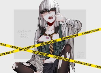 1girl bandaged_arm bandages black_pantyhose black_skirt blunt_bangs border breasts brown_eyes brown_necktie bulletproof_vest caligula_(game) caligula_(series) caution_tape cleavage collarbone collared_shirt colored_tips commentary_request cosplay dated diagonal-striped_clothes diagonal-striped_necktie finger_in_own_mouth fuchigami_mai grey_background grey_jacket highres jacket jouhou long_sleeves looking_at_viewer medium_breasts medium_hair mizuguchi_marie mizuguchi_marie_(cosplay) mouth_pull multicolored_hair navel necktie open_clothes open_jacket open_mouth open_shirt outside_border pantyhose pink_pupils satsuki_yomi shaded_face shirt simple_background sitting skirt solo stomach striped_clothes teeth toji_no_miko torn_clothes torn_pantyhose torn_skirt translation_request twitter_username uneven_eyes voice_actor_connection white_border white_hair white_shirt