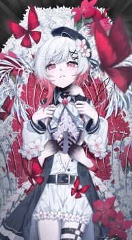 1girl absurdres belt black_belt black_dress black_hat bone brooch bug butterfly cherry_blossoms colored_extremities cowboy_shot disembodied_hand dress exposed_bone flower gradient_hair hair_ornament hands_up hat hat_flower highres hole_in_chest hole_on_body insect jewelry long_sleeves looking_at_viewer lying mahou_shoujo_no_majo_saiban multicolored_hair neck_ribbon o-ring on_back open_clothes open_shirt parted_lips pink_eyes red_butterfly red_flower ribbon ribs sakuraba_ema shirt shorts skeletal_wings spoilers white_flower white_hair white_ribbon white_shirt white_shorts wings x_hair_ornament yuwenyueyao