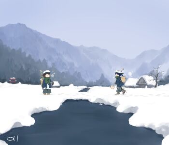 Rule 34 | 2girls, bag, basket, blue hair, blue jacket, blush, breath, brown hair, commentary request, daitou (kancolle), day, green scarf, hair ribbon, hat, hiburi (kancolle), highres, jacket, kantai collection, long sleeves, ma rukan, mountain, multiple girls, outdoors, pants, ponytail, ribbon, sailor collar, sailor hat, scarf, short ponytail, signature, snow, snowshoes, standing, tree, walking, water