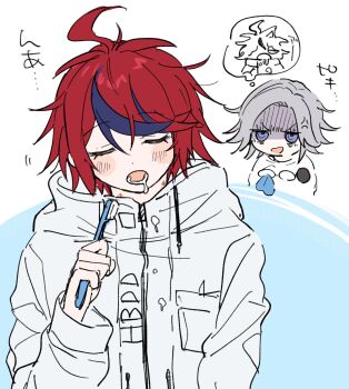 2boys ahoge anger_vein aotsuki_eito black_gloves black_streaks blue_background borrowed_clothes breast_pocket chibi cleaning_eyewear cleaning_rag closed_eyes commentary_request drooling glasses gloves grey_hair highres holding holding_rag holding_removed_eyewear holding_toothbrush jacket looking_at_another male_focus multicolored_hair multiple_boys pocket purple_eyes red_hair shaded_face short_hair sieg_gs sketch sleeping spoken_character streaked_hair sumino_takumi the_hundred_line_-last_defense_academy- toothbrush two-tone_background two-tone_hair unworn_eyewear white_background white_jacket