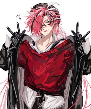 Rule 34 | 1boy, :p, ahoge, alternate costume, bespectacled, black gloves, black hair, black hat, black jacket, black necktie, black pants, double v, earrings, fate/grand order, fate (series), glasses, gloves, hair over one eye, hat, highres, jacket, jewelry, lifting own clothes, long hair, long sleeves, looking at viewer, male focus, multicolored hair, necktie, one eye covered, open clothes, open jacket, pants, pink hair, red eyes, red hair, red sweater, shirt, simple background, smile, solo, streaked hair, sweater, takasugi shinsaku (fate), tongue, tongue out, tyoookozuki, upper body, v, very long hair, white background, white hair, white shirt