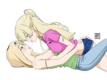 2girls after_kiss age_difference artist_name blonde_hair blue_eyes blush breasts brown_hair camisole class_of_09 denim denim_shorts girl_on_top grabbing_another&#039;s_ass green_camisole green_eyes groping hair_bun hair_dye hanamuko_(hana_muko) hand_under_clothes hand_under_shorts jecka_(class_of_09) long_hair medium_breasts multicolored_hair multiple_girls nicole&#039;s_mother_(class_of_09) nipples partially_undressed pink_shirt roots_(hair) saliva saliva_trail shirt short_shorts shorts undressing_another yuri