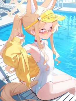 1girl absurdres animal_ear_fluff animal_ears armpits ass bare_legs bare_shoulders beach_chair blonde_hair blue_archive breasts chair clothing_cutout cross_halo diamond_cutout extra_ears feet_out_of_frame fox_ears fox_girl fox_tail from_behind halo hand_up highleg highleg_one-piece_swimsuit highres honyara-san jacket loli long_hair long_sidelocks long_sleeves looking_at_viewer off_shoulder official_alternate_costume official_alternate_hairstyle on_chair one-piece_swimsuit open_clothes open_jacket orange-tinted_eyewear parted_lips ponytail pool pool_ladder poolside purple_eyes seia_(blue_archive) seia_(swimsuit)_(blue_archive) sidelocks sitting small_breasts solo sunlight swimsuit tail tail_through_clothes thighs tinted_eyewear very_long_hair visor_cap wet white_one-piece_swimsuit yellow_halo yellow_jacket yellow_visor
