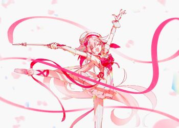 Rule 34 | 1girl, beret, breasts, commentary request, dress, elf, elysia (hi love elf) (honkai impact), elysia (honkai impact), hat, highres, holding, honkai (series), honkai impact 3rd, korean commentary, large breasts, long hair, mi (27782900), pink hair, pointy ears, red dress, red ribbon, ribbon, smile, solo, standing, standing on one leg, thighhighs, two-tone dress, very long hair, white background, white dress, white thighhighs