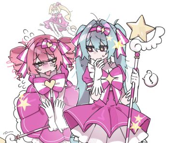 3girls ? akita_neru aqua_hair blonde_hair bow bowtie commentary danchoo dress drill_hair gloves hatsune_miku heart heart-shaped_pupils highres holding holding_staff ima_sugu_rinne_(vocaloid) kasane_teto long_hair looking_at_another magical_girl multiple_girls pink_dress puffy_short_sleeves puffy_sleeves red_hair short_sleeves side_ponytail simple_background spoken_question_mark staff star-shaped_pupils star_(symbol) striped_bow striped_bowtie striped_clothes symbol-shaped_pupils triple_baka_(vocaloid) twin_drills twintails utau white_background white_gloves