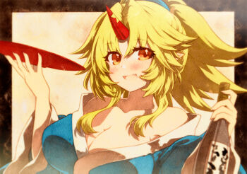 1girl :d bare_shoulders blonde_hair blush bottle breasts brown_eyes cleavage cup fang fingernails hair_between_eyes hands_up happy high_ponytail highres holding holding_bottle holding_cup horns hoshiguma_yuugi large_breasts long_hair looking_at_viewer off_shoulder open_mouth parted_bangs pointy_ears ponytail red_eyes rinka_(qqqrinkappp) sakazuki sake_bottle single_horn skin_fang smile solo touhou upper_body