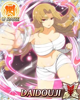 Rule 34 | 1girl, arm wrap, aura, blonde hair, border, breasts, budget sarashi, card (medium), character name, cleavage, clenched hands, closed mouth, daidouji (senran kagura), game cg, groin, incoming attack, incoming punch, large breasts, long hair, mole, mole under eye, navel, official art, parted bangs, punching, red eyes, sarashi, senran kagura, senran kagura new wave, solo, wavy mouth