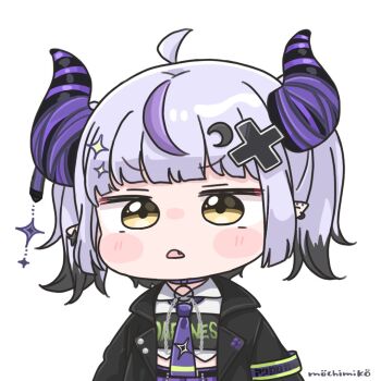 1girl ahoge armband black_hair black_jacket blush_stickers chibi clothes_writing collared_shirt commentary_request demon_horns ear_piercing english_text fang grey_hair hololive horns jacket la+_darknesss la+_darknesss_(casual) looking_at_viewer mochimiko multicolored_hair necktie open_clothes open_jacket parted_lips piercing pointy_ears purple_hair purple_necktie shirt signature simple_background solo streaked_hair two-tone_hair upper_body virtual_youtuber white_background white_shirt