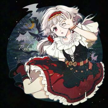 Rule 34 | 1girl, ;o, black background, black corset, black shoes, character name, commentary request, copyright name, corset, frilled shirt, frills, full body, hairband, hand up, highres, looking at viewer, low twintails, mary janes, miniskirt, ohuman, ok sign, ok sign over eye, one eye closed, red eyes, red hairband, red skirt, red socks, reverse:1999, rubuska, shirt, shoes, skirt, socks, solo, twintails, watermark, white hair, white shirt