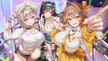 3girls :d \n/ absurdres ahoge anis_(nikke) anis_(star)_(nikke) anis_(star)_(t.t._star)_(nikke) aqua_headband arm_up bare_shoulders belt black_collar black_gloves black_hair black_nails blue_eyes blue_skirt bracelet breasts brown_belt brown_eyes brown_hair cat_hair_ornament cat_necklace cleavage cleavage_cutout clothing_cutout collar collarbone commentary_request crop_top cropped_shirt earpiece facial_mark fingerless_gloves fish_hair_ornament gloves goddess_of_victory:_nikke green_shorts grey_gloves grey_hair grin hair_between_eyes hair_ears hair_intakes hair_ornament hair_ribbon headband highres idol idol_clothes jacket jewelry large_breasts long_hair long_sleeves looking_at_viewer medium_hair micro_shorts midriff mint_(nikke) mole mole_on_breast mole_on_stomach mole_under_eye multiple_bracelets multiple_girls navel necklace necktie nigi_(ngmnoym) official_alternate_costume one_eye_closed open_mouth plaid_clothes plaid_necktie pointing prika_(nikke) ribbon ring shirt shoes short_hair_with_long_locks shorts sidelocks single_bare_shoulder skirt sleeveless sleeveless_shirt smile stage standing star_(symbol) star_facial_mark star_ring t.t._star_(nikke) teeth white_headband white_shirt yellow_jacket yellow_necktie yellow_ribbon yellow_skirt