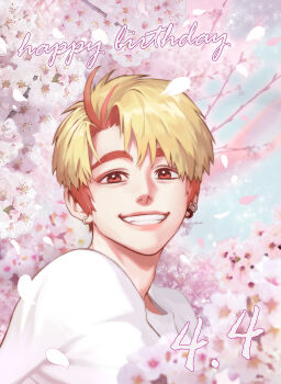 1boy absurdres blonde_hair cherry_blossoms dated ear_piercing earrings falling_petals hanagata_kaede happy_birthday highres hooggu jewelry kemono_jihen male_focus multicolored_hair petals piercing portrait shirt short_hair smile solo teeth two-tone_hair white_shirt