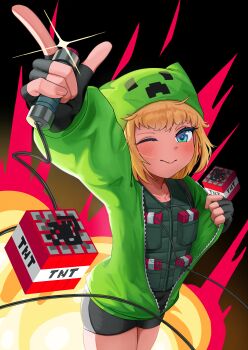 1girl absurdres arm_up bike_shorts black_gloves black_shorts blonde_hair blue_eyes blush c4 cable closed_mouth commentary cowboy_shot creeparka creeper detonator emptiy explosion explosive fingerless_gloves gloves green_jacket green_vest highres holding_detonator hood hood_up hooded_jacket jacket long_sleeves looking_at_viewer minecraft one_eye_closed outstretched_arm partially_unzipped personification short_shorts shorts smile solo tnt tnt_block_(minecraft) vest