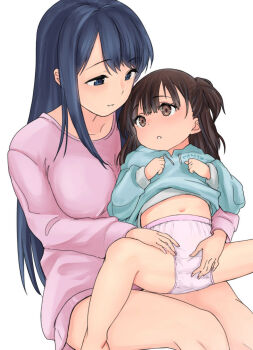 2girls age_difference black_hair brown_eyes brown_hair clothes_lift feet_out_of_frame female_focus fingering fingering_through_clothes fingering_through_panties loli looking_at_another multiple_girls navel older_female_and_younger_female onee-loli original panties seki-chiku shirt_lift sitting sitting_on_lap sitting_on_person spread_legs through_clothes through_panties underwear white_background yuri