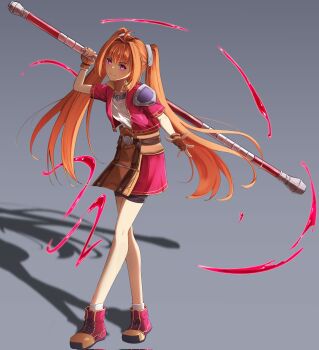 1girl ahoge antenna_hair armor bike_shorts bike_shorts_under_skirt bo_staff brown_gloves brown_hair closed_mouth commentary corecamilox4 cropped_jacket eiyuu_densetsu english_commentary estelle_bright fingerless_gloves full_body gloves grey_background hair_between_eyes hair_intakes highres holding holding_staff holding_weapon jacket long_hair looking_at_viewer pauldrons red_eyes shadow shoes short-sleeved_jacket short_sleeves shorts shorts_under_skirt shoulder_armor simple_background single_pauldron smile sneakers solo sora_no_kiseki staff twintails weapon