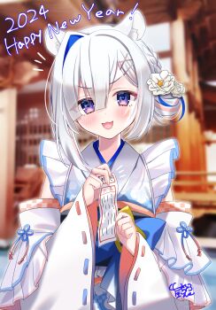 1girl :3 :d absurdres amane_kanata amane_kanata_(new_year) animal_ears blue_hair blush commentary_request dated detached_sleeves flower grey_hair hair_flower hair_ornament hairpin hamster_ears hamster_girl happy_new_year highres hololive hosimiya_yume japanese_clothes kimono looking_at_viewer multicolored_hair new_year official_alternate_costume official_alternate_hairstyle open_mouth pink_streaks purple_eyes smile solo streaked_hair virtual_youtuber white_flower white_kimono white_sleeves x_hair_ornament