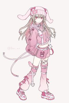 1girl absurdres animal_ears arms_behind_back beanie belt blunt_bangs blush bow buckle character_name chest_harness closed_mouth clothes_writing colored_inner_hair cropped_jacket cross-laced_clothes cross-laced_legwear drill_hair fake_animal_ears floppy_ears frills full_body grey_hair gun_(9un_xx) hair_down harness hat hat_bow heart heart-shaped_buckle highres jacket leg_tattoo long_hair looking_at_viewer loose_belt makaino_ririmu midriff multicolored_hair name_tag navel nijisanji official_alternate_costume official_alternate_hairstyle pants pink_belt pink_bow pink_hair pink_jacket pink_shoes pink_shorts pink_streaks pink_thighhighs pointy_ears rabbit_ears red_eyes shoes short_shorts shorts sidelocks simple_background sleeves_past_wrists sneakers solo standing streaked_hair stuffed_animal stuffed_toy tattoo thighhighs track_jacket track_pants twitter_username two-tone_hair virtual_youtuber white_background white_belt winged_heart winged_heart_tattoo