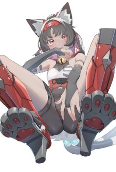 1girl animal_ear_fluff animal_ears animal_feet ass barcode barcode_tattoo bare_shoulders bell black_bridal_gauntlets black_hair black_shorts breasts bridal_gauntlets cable cable_tail cat_ears cat_girl cat_tail facial_mark forehead_mark forehead_tattoo from_below hair_intakes hairband hand_up highres leg_armor legs_apart mechanical_tail multiple_tails neck_bell nekomiya_mana pero_(peroneko0510) red_eyes red_hairband shorts simple_background small_breasts solo squatting tail tattoo tongue tongue_out triangle triangle_facial_mark two_tails white_background zenless_zone_zero