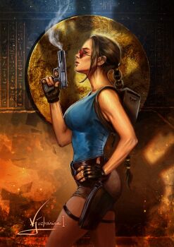 1girl backpack bag blue_tank_top breasts brown_gloves brown_hair brown_shorts fingerless_gloves from_side glasses gloves gun hand_on_own_hip handgun holding holding_gun holding_weapon holster inna_vjuzhanina lara_croft large_breasts ponytail red-tinted_eyewear round_eyewear short_shorts shorts signature smoke smoking_barrel solo tank_top thigh_holster tinted_eyewear tomb_raider weapon