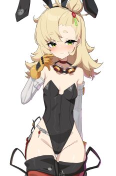 1girl alternate_costume animal_ears bare_shoulders black_leotard blonde_hair blush breasts choker closed_mouth covered_navel cowboy_shot detached_sleeves fake_animal_ears gloves goggles goggles_around_neck green_eyes groin hair_bun hair_ornament hand_up highleg highleg_leotard highres leotard loli long_hair looking_at_viewer piper_wheel playboy_bunny rabbit_ears simple_background small_breasts solo strapless strapless_leotard thick_eyebrows thigh_gap thighhighs w.k white_background zenless_zone_zero
