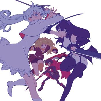 4girls 55bata6rou animal_ears black_hair blake_belladonna blonde_hair boots cat_ears crescent_rose dress dual_wielding ember_celica_(rwby) fighting_stance floating_hair gambol_shroud highres holding holding_scythe holding_sword holding_weapon jumping long_hair long_sleeves looking_at_viewer multiple_girls myrtenaster ponytail rapier red_hair ruby_rose rwby scythe short_hair simple_background standing standing_on_one_leg sword weapon weiss_schnee white_background white_boots white_dress white_hair yang_xiao_long