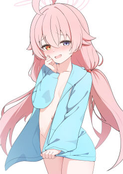 1girl absurdres ahoge blue_archive blue_eyes blue_jacket blue_shirt blush breasts clothes_grab collarbone covering_own_mouth covering_privates dot_nose embarrassed fang furrowed_brow hair_between_eyes hair_bobbles hair_ornament halo hand_on_own_cheek hand_on_own_face hand_over_own_mouth hand_up heterochromia highres hoshino_(blue_archive) hoshino_(swimsuit)_(blue_archive) huge_ahoge jacket loli long_hair long_sleeves looking_at_viewer low_twintails naked_jacket naked_shirt natukuzira navel open_clothes open_jacket open_mouth open_shirt pink_hair pink_halo pulling_own_clothes shirt shirt_grab simple_background skin_fang small_breasts smile solo standing thighs twintails very_long_hair white_background yellow_eyes