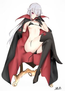 1girl bad_id bad_pixiv_id bikini bishoujo_mangekyou bishoujo_mangekyou:_norowareshi_densetsu_no_shoujo bishoujo_mangekyou_(series) black_bikini black_boots black_cape black_gloves black_thighhighs blush boots breasts breasts_apart cape chair closed_mouth covered_erect_nipples crossed_legs female_focus full_body gloves hair_flaps hand_up high_heel_boots high_heels kagarino_kirie long_hair looking_at_viewer medium_breasts pink_eyes side-tie_bikini_bottom signature silver_hair simple_background sitting smile solo string swimsuit thigh_boots thighhighs thighs tuigusi555 underboob untied_bikini very_long_hair white_background