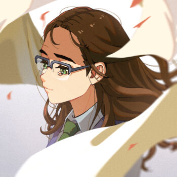 1girl blue_sweater_vest brown_hair closed_mouth collared_shirt commentary crying crying_with_eyes_open floating floating_hair floating_object glasses green_eyes green_necktie grey-framed_eyewear hashtag-only_commentary long_hair mixikooo nagase_koito necktie parted_hair sad school_uniform semi-rimless_eyewear shirt solo sweater_vest tears upper_body white_background white_shirt wonder_egg_priority