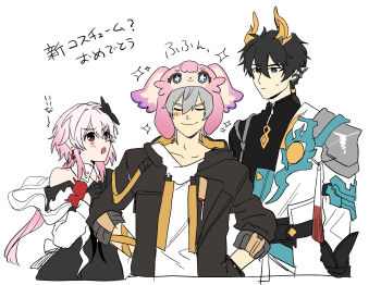 1girl 2boys arm_ribbon armor black_coat black_dress black_flower black_gloves black_hair black_shirt blush caelus_(honkai:_star_rail) character_hat chinese_clothes closed_eyes closed_mouth clothing_cutout coat collarbone commentary_request dan_heng_(honkai:_star_rail) dan_heng_(permansor_terrae)_(honkai:_star_rail) dragon_boy dragon_horns dress earclip earrings evernight_(honkai:_star_rail) flower flower_ornament gloves green_eyes grey_hair hair_flower hair_ornament hands_on_own_hips hat highres honkai:_star_rail honkai_(series) hood hooded_coat horns jewelry long_hair long_sleeves looking_at_another looking_at_object looking_up low_ponytail low_twintails march_7th_(honkai:_star_rail) mem_(honkai:_star_rail) multiple_boys official_alternate_costume official_alternate_hairstyle open_clothes open_coat open_mouth pink_hair pointy_ears ponytail puffy_long_sleeves puffy_sleeves red_eyes red_flower ribbon shirt short_hair shoulder_armor shoulder_cutout sidelocks simple_background single_bare_shoulder single_earring smile souen_senri sparkle sweatdrop t-shirt tassel trailblazer_(honkai:_star_rail) twintails two-sided_coat two-sided_fabric two-tone_dress upper_body v-shaped_eyebrows white_background white_coat white_dress white_shirt yellow_coat yellow_pupils zipper
