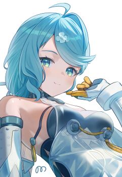07nono06 1girl absurdres ahoge aqua_eyes aqua_hair bare_shoulders black_bra blush bra breasts closed_mouth detached_sleeves dress flower_hairpin gloves hair_ornament highres long_hair looking_at_viewer medium_breasts mole mole_on_shoulder see-through_clothes see-through_dress seed_(zenless_zone_zero) smile solo underwear upper_body white_gloves zenless_zone_zero