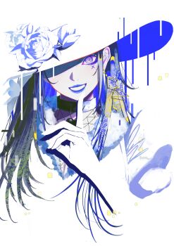 1girl absurdres black_choker black_hair blending choker commentary_request diamond_earrings double_exposure drop_shadow earrings eyelashes eyeliner film_grain flower fur_trim hand_up hat hat_flower highres index_finger_raised jewelry long_hair looking_at_viewer makeup one_eye_covered original parted_lips picture_hat piercing purple_eyeliner purple_eyes ringed_eyes rose single_earring smile solo syakemayusan triangle_earrings white_background white_theme