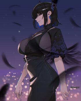 1girl black_dress black_hair blue_hair breasts closed_mouth colored_inner_hair commentary dress english_commentary falling_feathers feathers flower from_side highres hololive hololive_english horn_flower large_breasts looking_at_viewer mole mole_under_eye multicolored_hair nerissa_ravencroft pomuya purple_eyes see-through_cleavage see-through_clothes short_hair short_sleeves solo virtual_youtuber