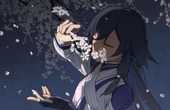 1girl absurdres arm_up black_hair blue_jacket branch closed_eyes flower fu_hua hair_between_eyes highres holding honkai_(series) honkai_impact_3rd jacket long_hair long_sleeves minonext petals solo upper_body very_long_hair white_flower white_jacket