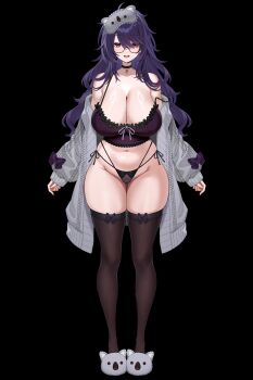 1girl absurdres animal_slippers armpit_crease arms_at_sides bare_shoulders black_panties bow breasts brown_thighhighs cameltoe camisole cardigan choker commentary_request curvy eyes_visible_through_hair female_pubic_hair full_body glasses gluteal_fold grey_cardigan groin hair_over_one_eye highleg highleg_panties highres huge_breasts indie_virtual_youtuber koala_slippers komoriya_sanaka legs long_bangs long_hair long_sleeves looking_at_viewer mask mask_on_head messy_hair midriff mole mole_on_breast mole_on_crotch mole_on_stomach mole_under_eye multi-strapped_panties navel off_shoulder open_mouth panties pubic_hair purple_bow purple_camisole purple_hair red_eyes see-through_clothes see-through_panties semi-rimless_eyewear shiny_skin side-tie_panties skindentation sleep_mask slippers standing swept_bangs tachi-e thighhighs thighs under-rim_eyewear underwear virtual_youtuber yan.c