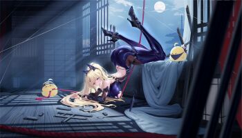 1girl absurdres animal_ear_hairband animal_ears artist_request ass azur_lane backless_bodysuit blonde_hair blue_bodysuit bodysuit breasts facial_mark fake_animal_ears full_body guam_(azur_lane) guam_(the_kunoichi&#039;s_dangerous_variety_show)_(azur_lane) hairband heart heart_facial_mark high_heels highres huge_breasts long_hair looking_at_viewer manjuu_(azur_lane) metal_hairband non-web_source official_alternate_costume official_art rope skindentation sleeveless sleeveless_bodysuit star-shaped_pupils star_(symbol) symbol-shaped_pupils thigh_strap tongue tongue_out torn_bodysuit torn_clothes