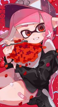 Rule 34 | 1girl, bandaid, bandaid on cheek, bandaid on ear, bandaid on face, bandaid on leg, baseball cap, black shoes, black shorts, cherry, commentary, dated, dolphin shorts, food, food on face, fork, fruit, hat, highres, holding, holding fork, inkling, inkling girl, inkling player character, long hair, looking at viewer, nintendo, pink hair, pink hat, print hat, red background, red eyes, sabata saba, shoes, shorts, signature, smile, solo, splatoon (series), splatoon 3, tentacle hair, thick eyebrows