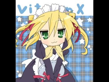 1boy :3 apron beni_oboro black_dress blonde_hair commentary_request copyright_name dress fuumonji_gorou green_eyes hair_ribbon holding holding_tray juliet_sleeves long_sleeves looking_at_viewer lucky_star neckerchief parody puffy_sleeves red_ribbon ribbon solo style_parody trap tray twintails vitamin_x white_apron yellow_neckerchief