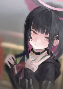 1girl absurdres animal_ears black_hair black_jacket blue_archive blush cat_ears cat_girl closed_mouth colored_inner_animal_ears colored_inner_hair commentary extra_ears green_sailor_collar halo highres jacket kazusa_(blue_archive) looking_at_viewer multicolored_hair neckerchief paplife pink_hair pink_halo red_eyes red_neckerchief sailor_collar short_hair solo symbol-only_commentary two-tone_hair v