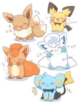 alolan_form alolan_vulpix blush closed_eyes closed_mouth commentary_request eevee full_body gen_1_pokemon gen_2_pokemon gen_4_pokemon gen_7_pokemon happy highres kana_(maple926) musical_note nintendo no_humans one_eye_closed open_mouth pichu pokemon pokemon_(creature) shinx smile twitter_username vulpix white_background