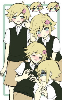 1boy ? antenna_hair basil_(faraway)_(omori) basil_(omori) blonde_hair blue_eyes blush blush_stickers brown_shorts chibi collared_shirt double-parted_bangs flower green_sweater_vest hair_flower hair_ornament highres looking_at_viewer male_focus omori one_eye_closed open_mouth shaded_face shirt short_hair short_sleeves shorts sidelocks sketch smile solo sweatdrop sweater_vest true_erg white_shirt