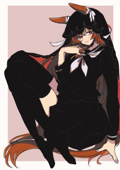 1girl absurdres animal_ears black_sailor_collar black_shirt black_skirt black_thighhighs bow bridal_veil closed_mouth ear_ribbon hair_over_shoulder hand_on_own_chest highres horse_ears horse_girl horse_tail long_hair long_sleeves neckerchief no_shoes pleated_skirt red_eyes ribbon rinren_(chun8chun8chun) sailor_collar shirt skirt smile solo still_in_love_(umamusume) tail thighhighs umamusume veil very_long_hair white_neckerchief white_ribbon