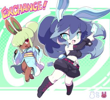 2girls animal_ears aqua_eyes blue_hair blue_kimono blush breasts bright_pupils bunny_mint bunny_mint_(cosplay) commentary_request cosplay costume_switch detached_sleeves english_text fubukihime green_hair halftone halftone_background high_ponytail japanese_clothes kimono large_breasts long_hair looking_at_viewer midriff multicolored_hair multiple_girls navel nollety one_eye_closed open_mouth ponytail rabbit_ears rabbit_girl rabbit_tail red_eyes sandals shorts simple_background snowman tail traditional_youkai two-tone_hair white_pupils youkai_(youkai_watch) youkai_watch yuki_onna zouri