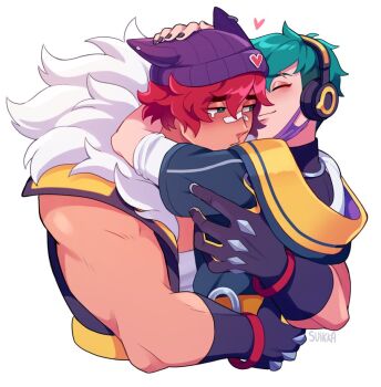 Rule 34 | 2boys, alternate costume, aphelios, arms up, bandaid, bandaid on face, beanie, black gloves, black hoodie, blue eyes, closed eyes, commentary, cropped torso, english commentary, gloves, green hair, hair between eyes, hand on another's head, hat, headphones, heart, heartsteel aphelios, heartsteel sett, hood, hood down, hoodie, hug, kiss, league of legends, male focus, multiple boys, mutual hug, purple hat, red hair, sett (league of legends), shirt, short sleeves, simple background, suikka, tears, white background, white shirt, yaoi