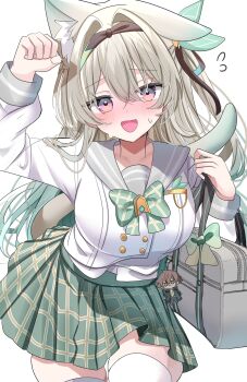 1girl animal_ears bag black_ribbon blush bow bowtie brown_hairband buttons caelus_(honkai:_star_rail) cat_ears cat_tail character_doll collared_shirt doll double-breasted firefly_(honkai:_star_rail) firefly_(spring_missive)_(honkai:_star_rail) gradient_hair gradient_tail green_bow green_bowtie green_skirt grey_hair grey_sailor_collar hair_between_eyes hair_intakes hair_ornament hair_ribbon hairband hand_up handbag highres holding holding_bag honkai:_star_rail honkai_(series) long_hair multicolored_eyes multicolored_hair open_mouth paw_pose plaid_bow plaid_bowtie plaid_clothes pleated_skirt ribbon sailor_collar shirt skirt solo sweatdrop tail thighhighs trailblazer_(honkai:_star_rail) white_shirt white_thighhighs yuzukiyuno_(yunmu_g)