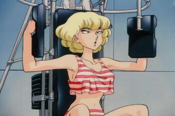 1girl animated arms_up blonde_hair collarbone exercising eyeliner fitness_gym freckles hands_up irene_sanders loose_clothes makeup navel short_hair spread_legs striped_clothes suna_no_bara tagme tank_top video workout_clothes