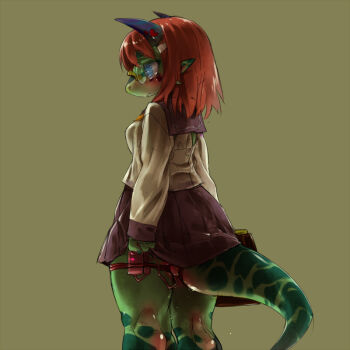 1girl animal_ears arms_at_sides backlighting blue_eyes blue_horns blush briefcase closed_mouth clothes_lift colored_skin controller female_focus from_behind furry furry_female glasses green_background green_skin hair_ornament hairclip holding horns kneepits lizard_tail long_sleeves medium_hair miniskirt mizuki_kotora multicolored_skin orange_hair original pince-nez pleated_skirt purple_sailor_collar purple_skirt pussy_juice remote_control remote_control_vibrator reptile_girl sailor_collar school_briefcase sex_toy shirt sidelocks simple_background skirt skirt_hold skirt_lift snout solo standing tail thigh_strap third-party_source two-tone_skin vibrator vibrator_cord vibrator_under_clothes white_shirt